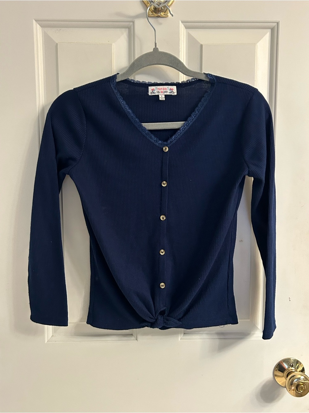 Girls Poof Girl Navy Faux Button-Front Long Sleeve Top with Front Knot